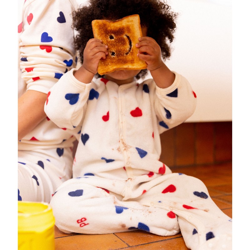 Petit Bateau Pigiama Ciniglia Bianco con Cuori blu rossi